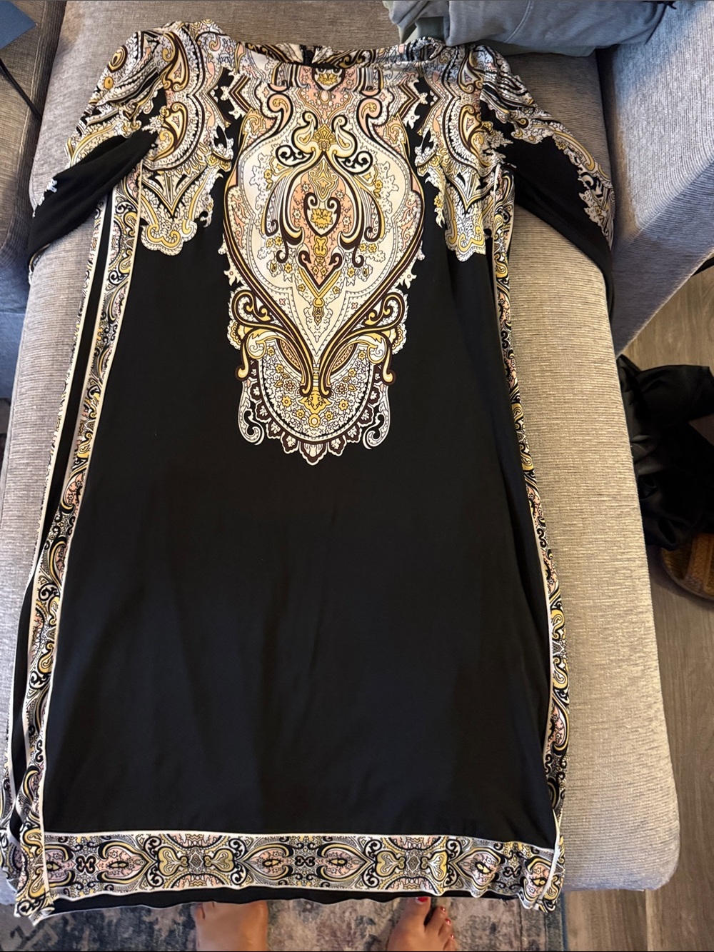 Donna Morgan Black Midi Dress with Cream, Gold and Blush Paisley